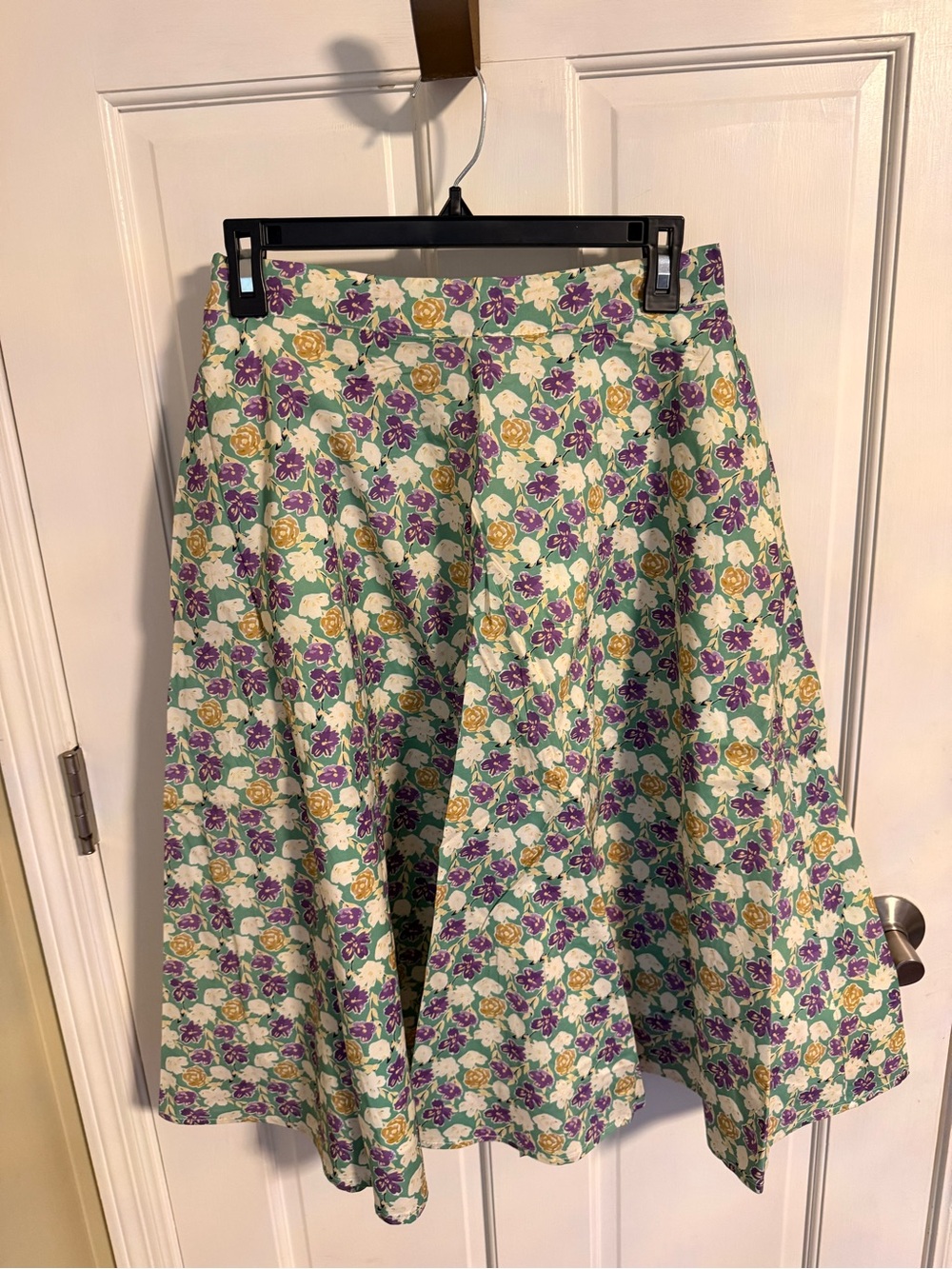 Tulip B Floral A-Line Midi Skirt in Mint with Purple & Yellow Blossoms